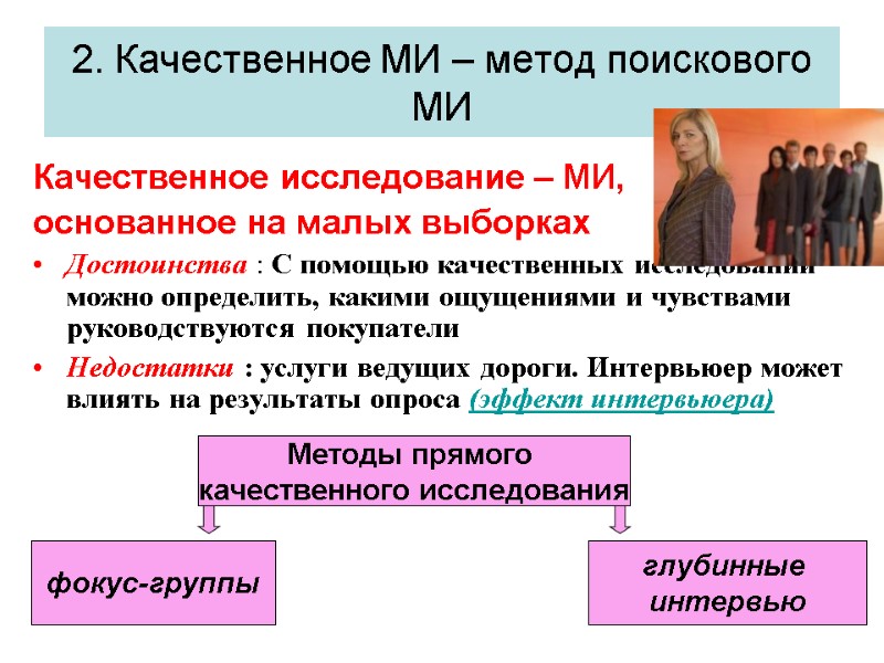 2. Качественное МИ – метод поискового МИ Качественное исследование – МИ,  основанное на